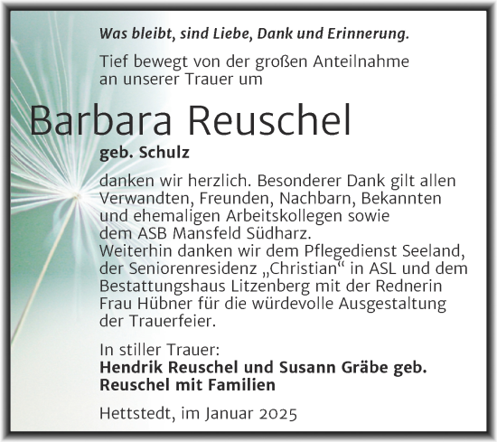 Traueranzeige von Barbara Reuschel von Trauerkombi Mansfelder Land