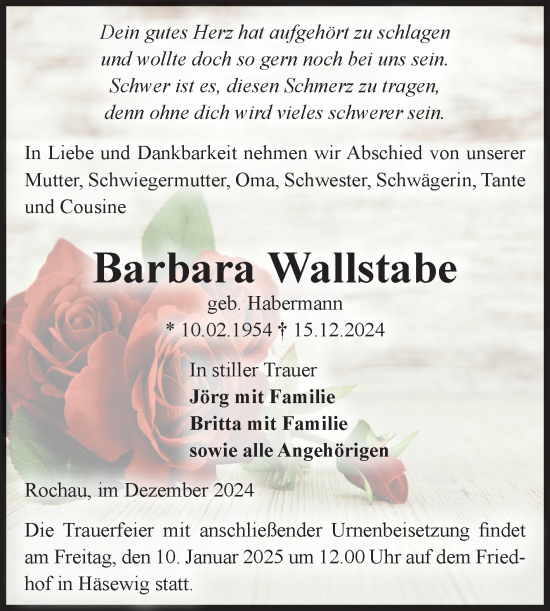 Traueranzeige von Barbara Wallstabe von Volksstimme Altmark Ost