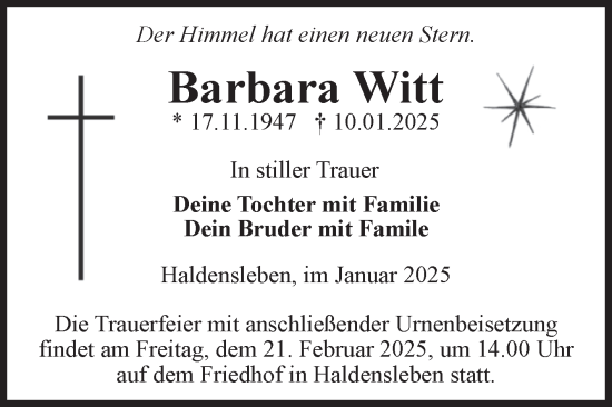 Traueranzeige von Barbara Witt von Volksstimme Haldensleben/Wolmirstedt