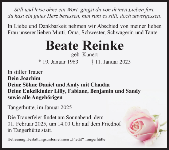Traueranzeige von Beate Reinke von Volksstimme Altmark Ost