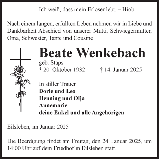 Traueranzeige von Beate Wenkebach von Volksstimme Oschersleben/Wanzleben