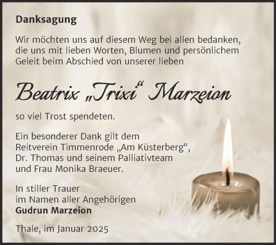 Traueranzeige von Beatrix Marzeion von Trauerkombi Quedlinburg