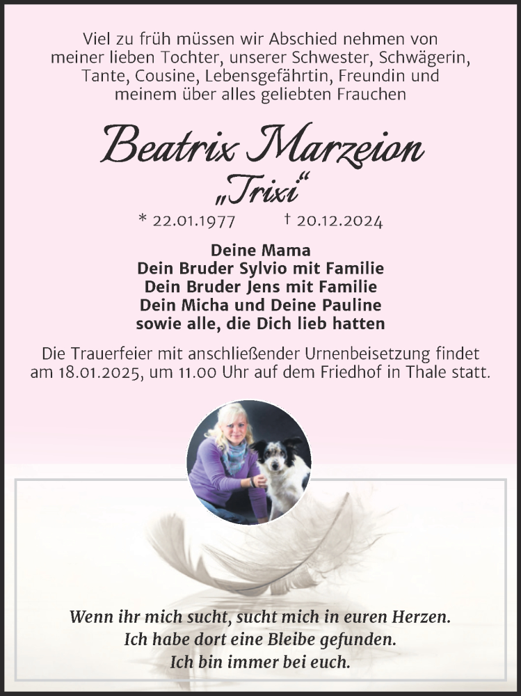  Traueranzeige für Beatrix Marzeion vom 04.01.2025 aus Trauerkombi Quedlinburg