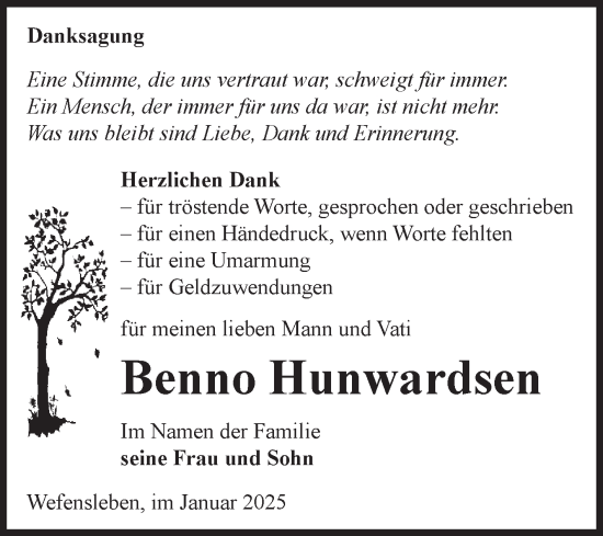 Traueranzeige von Benno Hunwardsen von Volksstimme Oschersleben/Wanzleben