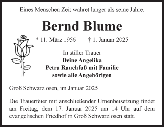 Traueranzeige von Bernd Blume von Volksstimme Altmark Ost