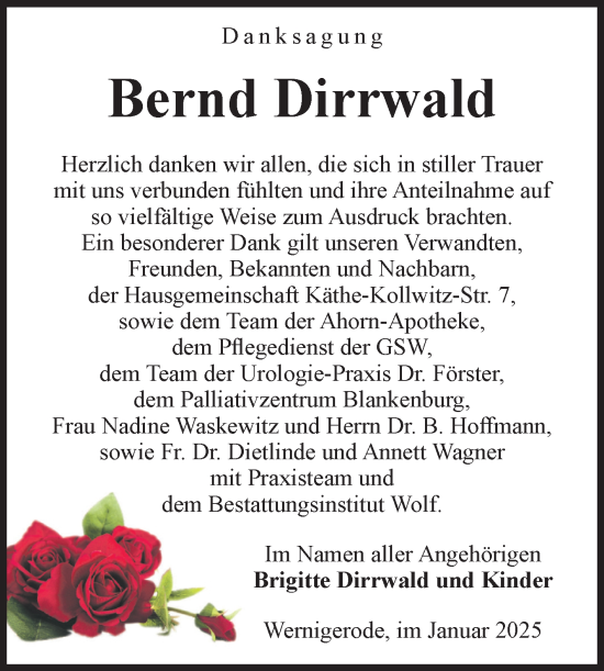 Traueranzeige von Bernd Dirrwald von Volksstimme Wernigerode