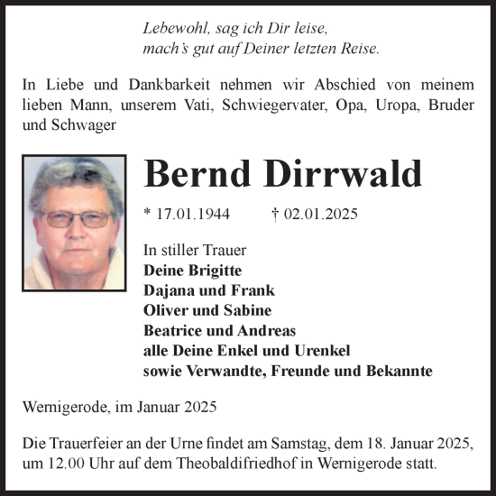 Traueranzeige von Bernd Dirrwald von Volksstimme Wernigerode