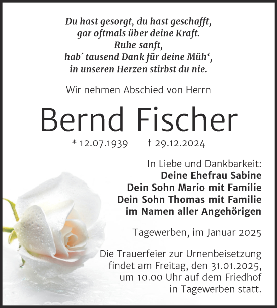 Traueranzeige von Bernd Fischer von Trauerkombi Weißenfels