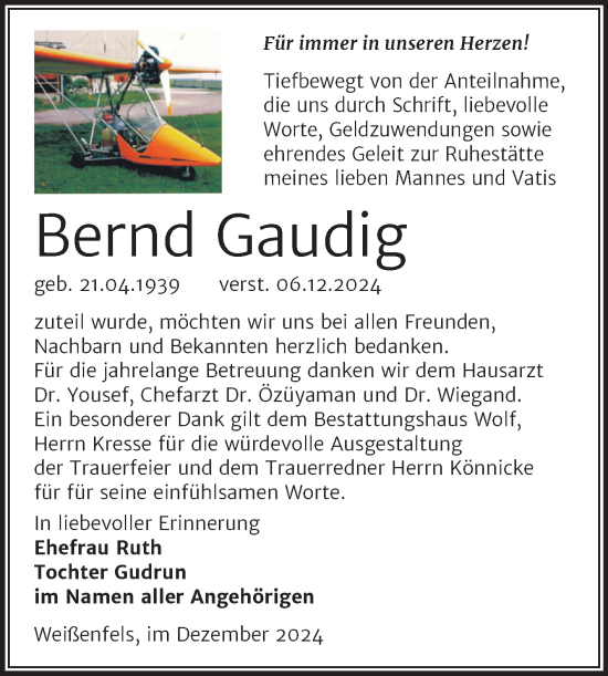 Traueranzeige von Bernd Gaudig von Trauerkombi Weißenfels