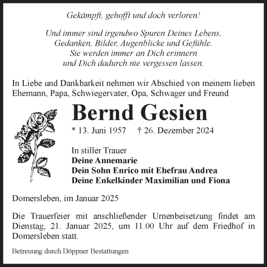 Traueranzeige von Bernd Gesien von Volksstimme Oschersleben/Wanzleben