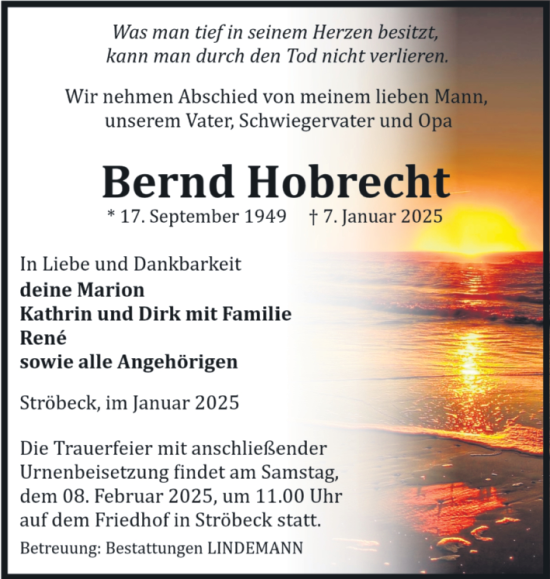 Traueranzeige von Bernd Hobrecht von Volksstimme Halberstadt