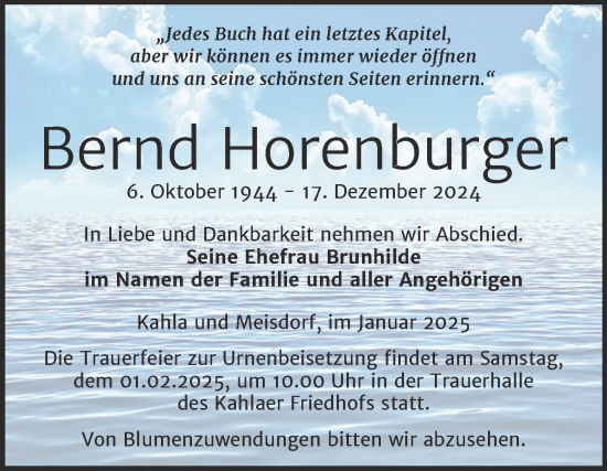 Traueranzeige von Bernd Horenburger von Mitteldeutsche Zeitung Quedlingburg