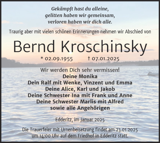 Traueranzeige von Bernd Kroschinsky von Trauerkombi Köthen