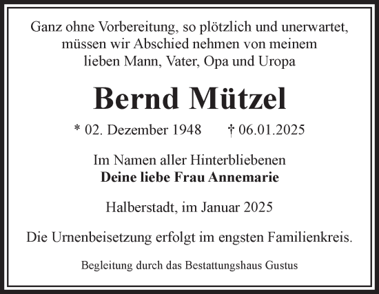 Traueranzeige von Bernd Mützel von Volksstimme Halberstadt