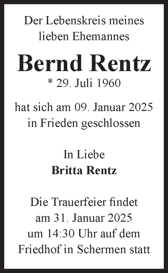 Traueranzeige von Bernd Rentz von Volksstimme Burg/Genthin