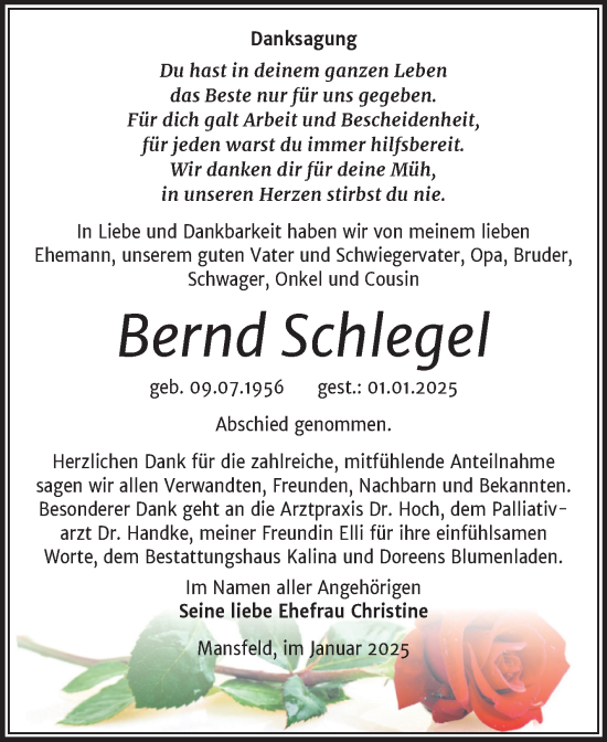 Traueranzeige von Bernd Schlegel von Trauerkombi Mansfelder Land