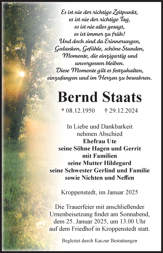 Traueranzeige von Bernd Staats von Volksstimme Oschersleben/Wanzleben
