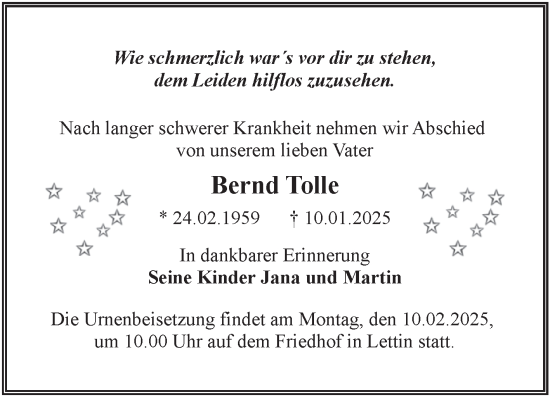 Traueranzeige von Bernd Tolle von Mitteldeutsche Zeitung Halle/Saalkreis