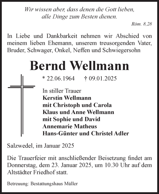 Traueranzeige von Bernd Wellmann von Volksstimme Altmark West
