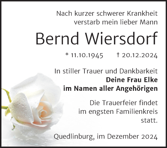 Traueranzeige von Bernd Wiersdorf von Trauerkombi Quedlinburg