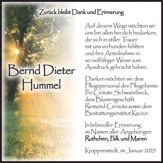Traueranzeige von Bernd Dieter Hummel von Volksstimme Oschersleben/Wanzleben