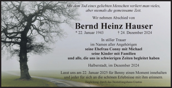 Traueranzeige von Bernd Heinz Hauser von Volksstimme Halberstadt