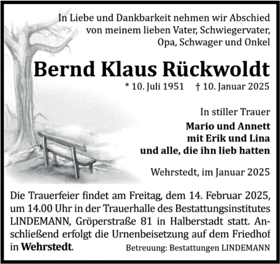 Traueranzeige von Bernd Klaus Rückwoldt von Volksstimme Halberstadt