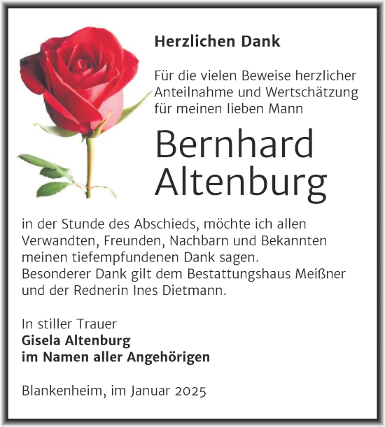 Traueranzeige von Bernhard Altenburg von Trauerkombi Sangerhausen
