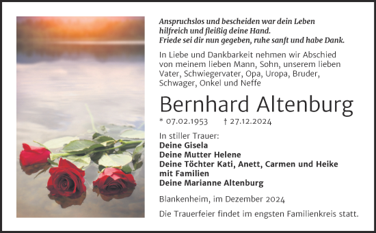Traueranzeige von Bernhard Altenburg von Trauerkombi Sangerhausen