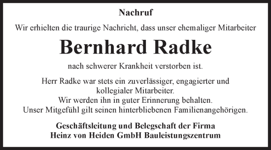 Traueranzeige von Bernhard Radke von Volksstimme Oschersleben/Wanzleben