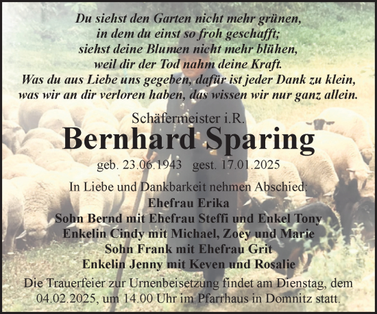 Traueranzeige von Bernhard Sparing von Trauerkombi Bernburg