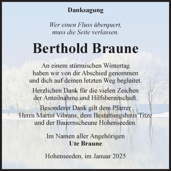 Traueranzeige von Berthold Braune von Volksstimme Burg/Genthin