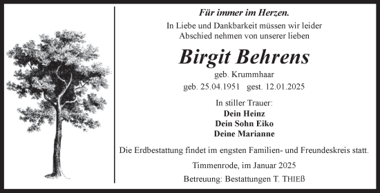 Traueranzeige von Birgit Behrens von Volksstimme Wernigerode