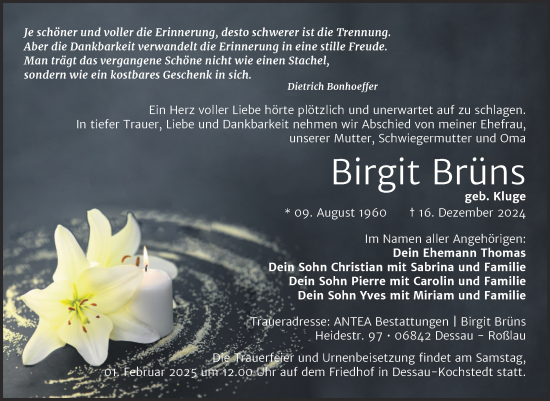 Traueranzeige von Birgit Brüns von Trauerkombi Dessau