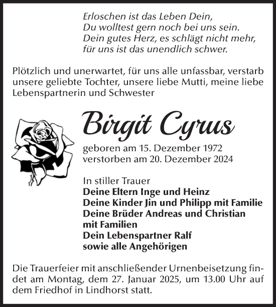 Traueranzeige von Birgit Cyrus von Volksstimme Haldensleben/Wolmirstedt