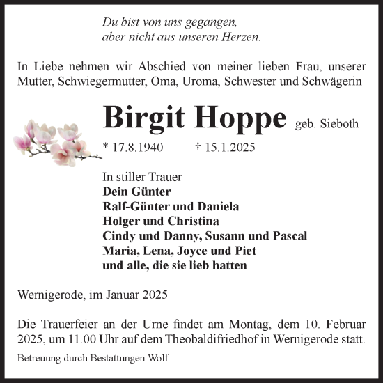 Traueranzeige von Birgit Hoppe von Volksstimme Wernigerode