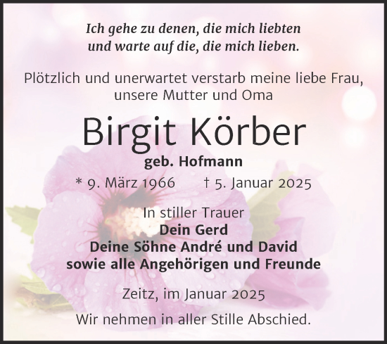 Traueranzeige von Birgit Körber von Trauerkombi Zeitz