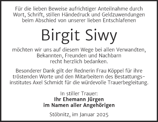 Traueranzeige von Birgit Siwy von Mitteldeutsche Zeitung Merseburg/Querfurt