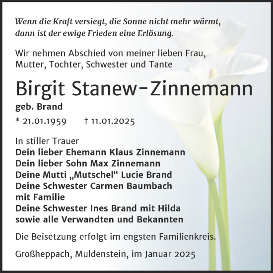 Traueranzeige von Birgit Stanew-Zinnemann von Trauerkombi Bitterfeld
