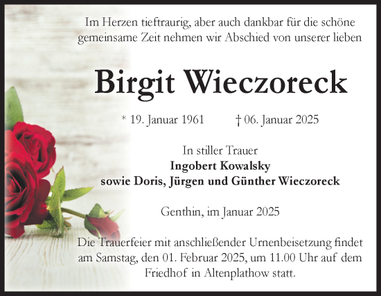 Traueranzeige von Birgit Wieczoreck von Volksstimme Burg/Genthin