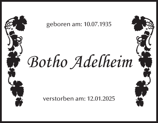 Traueranzeige von Botho Adelheim von Volksstimme Magdeburg
