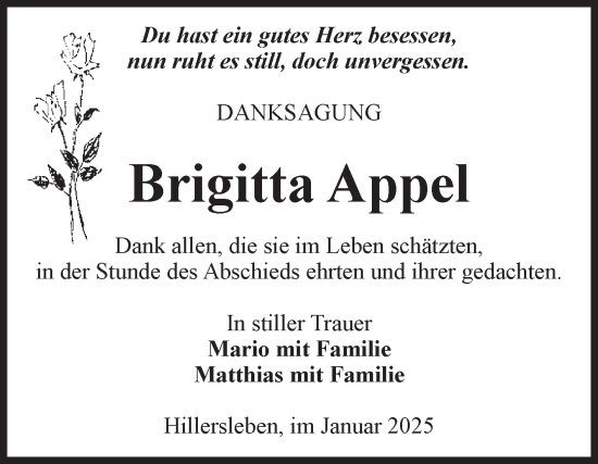 Traueranzeige von Brigitta Appel von Volksstimme Haldensleben/Wolmirstedt