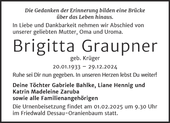 Traueranzeige von Brigitta Graupner von Trauerkombi Dessau
