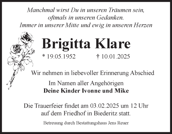 Traueranzeige von Brigitta Klare von Volksstimme Magdeburg