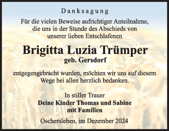 Traueranzeige von Brigitta Luzia Trümper von Volksstimme Oschersleben/Wanzleben