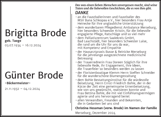 Traueranzeige von Brigitta und Günter Brode von Trauerkombi Merseburg