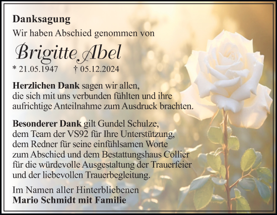 Traueranzeige von Brigitte Abel von Trauerkombi Dessau