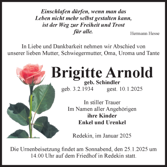 Traueranzeige von Brigitte Arnold von Volksstimme Burg/Genthin