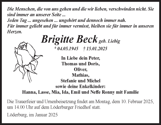 Traueranzeige von Brigitte Beck von Volksstimme Staßfurt