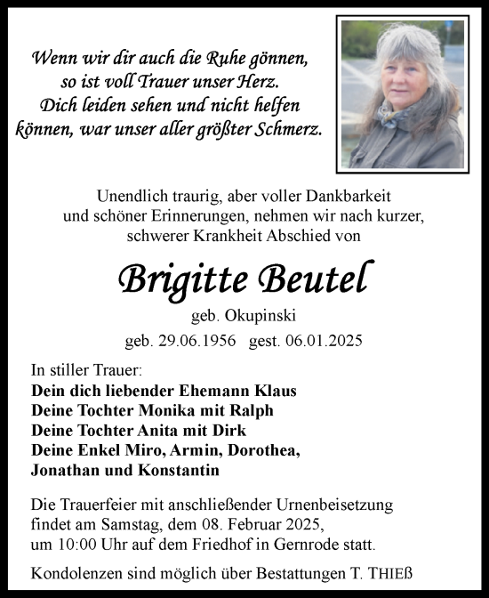 Traueranzeige von Brigitte Beutel von Trauerkombi Quedlinburg
